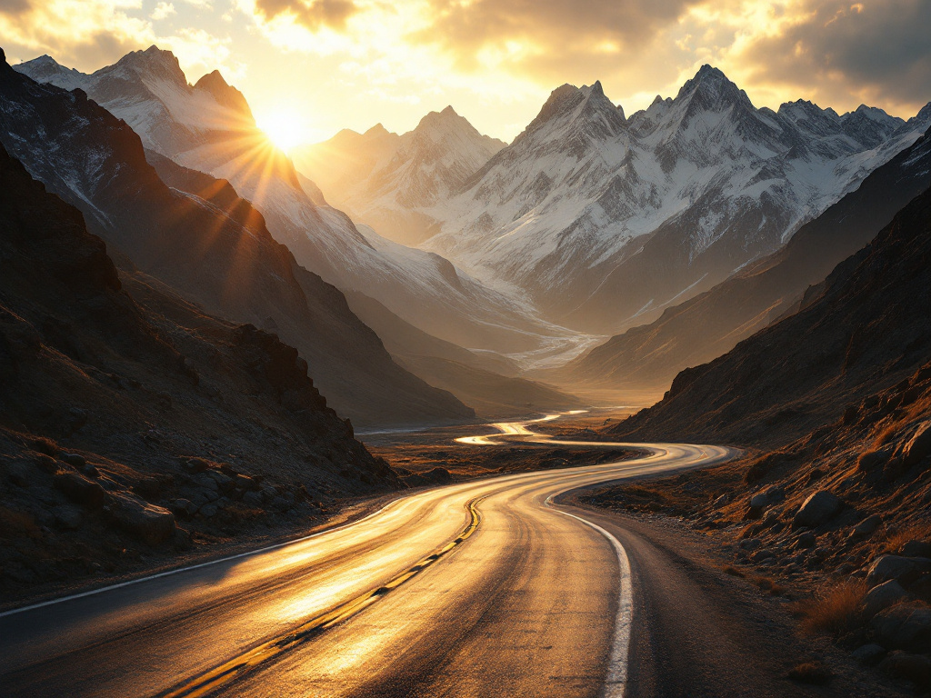 Mountain road through northern Pakistan at golden hour