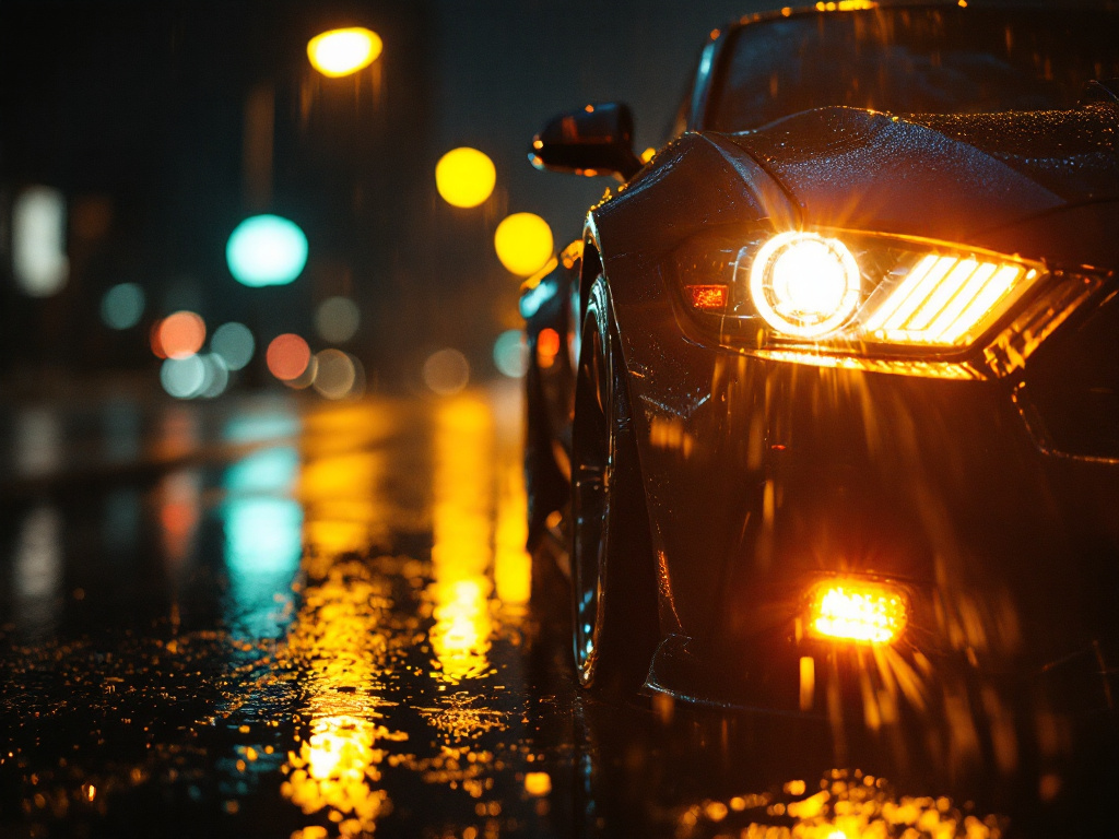 Automotive detail at night, wet asphalt and warm reflections